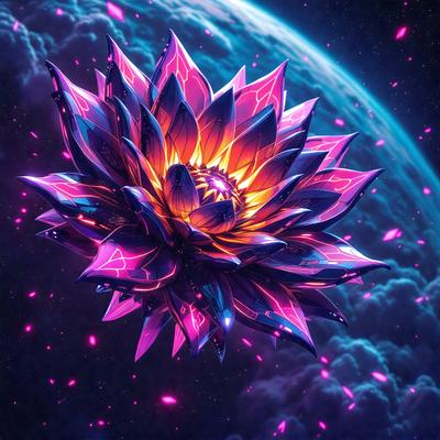 The primary subject of the image is a large, colorful flower with a purple and pink hue. The flower is set against a backdrop of a blue and purple sky, which adds to the overall atmosphere of the scene. The visual style of the image is a combination of digital art and illustration, creating a vibrant and eye-catching display. The colors and mood of the image are lively and cheerful, with the bright colors of the flower and the sky creating a sense of energy and positivity